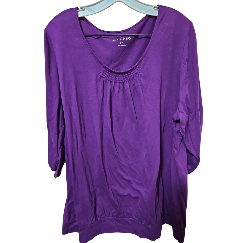 Fashion Bug Purple Smocked Scoop Neck 3/4 Sleeve Knit Top Plus Size 2X 0657